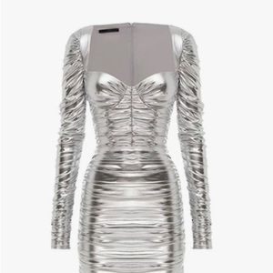 original silver gold ruffle wrap hip long sleeve zip one shoulder mini dress